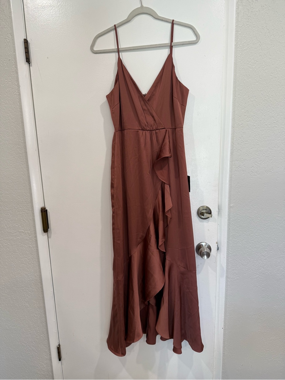 Lulu's Dusty Rose Wrap Ruffle Spaghetti Strap Maxi Dress